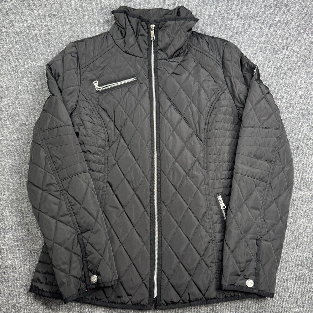 Jessica Simpson Quilted Puffer Jacket Womens M Black Full Zip Mock Neck